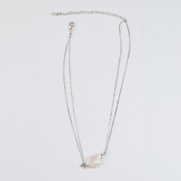 Mother of Pearl Choker Necklace Double Silver Toned Chains, Multi-Layered