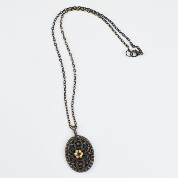 Oval Filigree Pendant Necklace Bronze Tone, Charm, Pendant, Dangle, Rhinestone, 16"