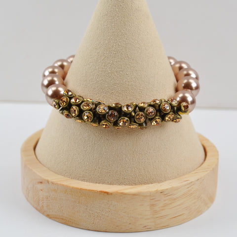 Pink Pearl Pave Bead Rhinestone Bracelet - Round Chunky Beads Stretch