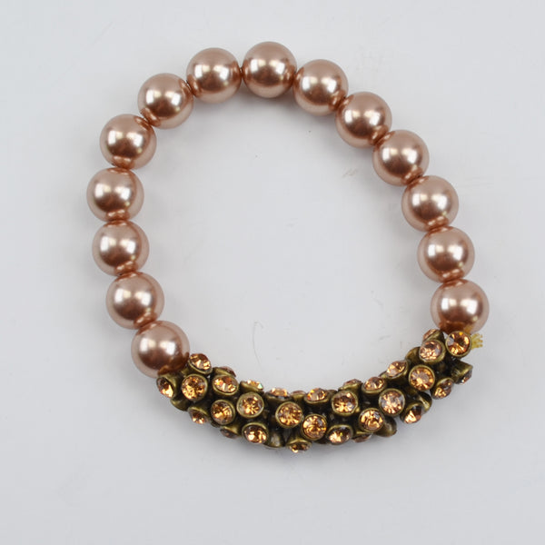 Pink Pearl Pave Bead Rhinestone Bracelet - Round Chunky Beads Stretch