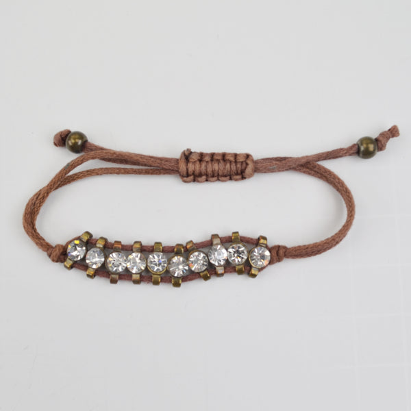 Crystal Bead Adjustable String Bracelet - Pull Tie, Copper Setting Rhinestones