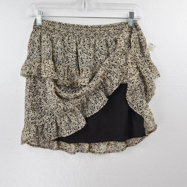 Jopra Mini Skirt Womens Medium Tan Black Print Ruffles Elastic Waist Lined