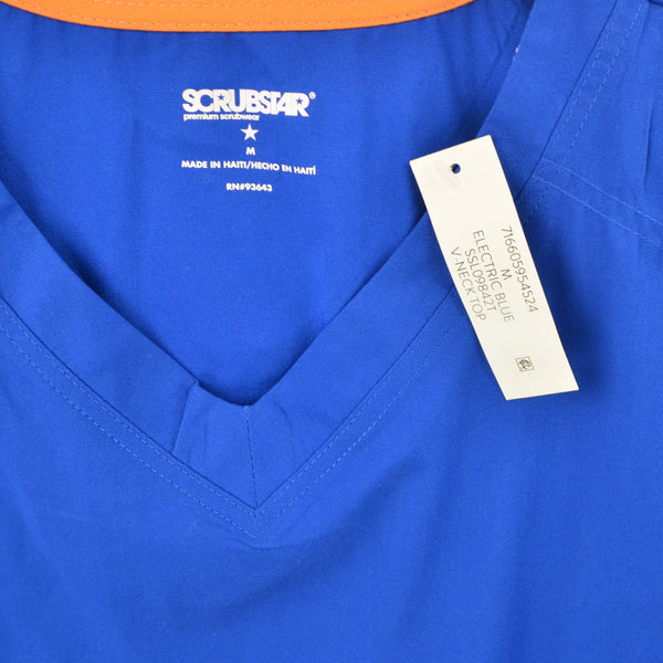 ScrubStar Womens Scrub Top Blue Size Medium V-Neck Shirt Short Sleeve Pockets