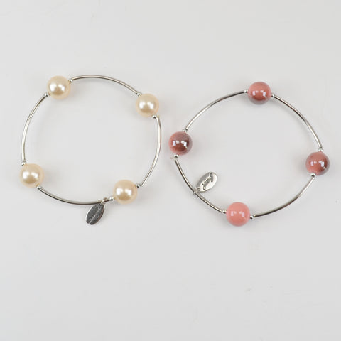 Silver Bar Bead Stretch Stackable Bracelet - Lot of 2, Round, Chunky, Ivory, Pink Beads