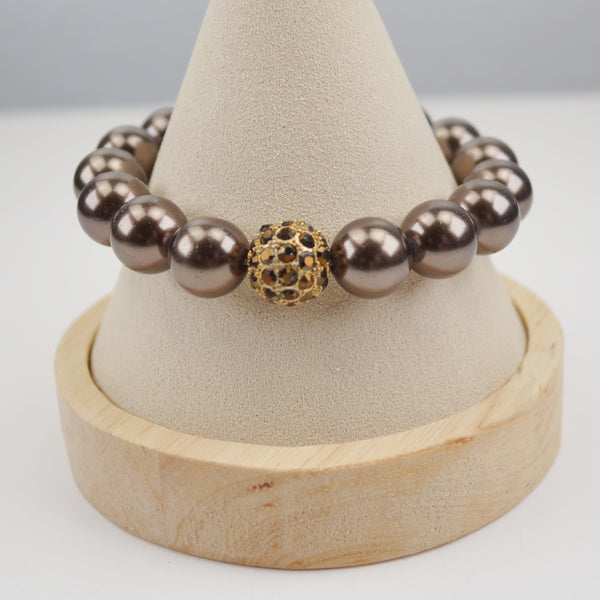 Stella & Dot Brown Pearl Pave Bead Bracelet - Round Chunky Beads Stretch