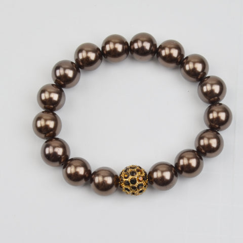Stella & Dot Brown Pearl Pave Bead Bracelet - Round Chunky Beads Stretch