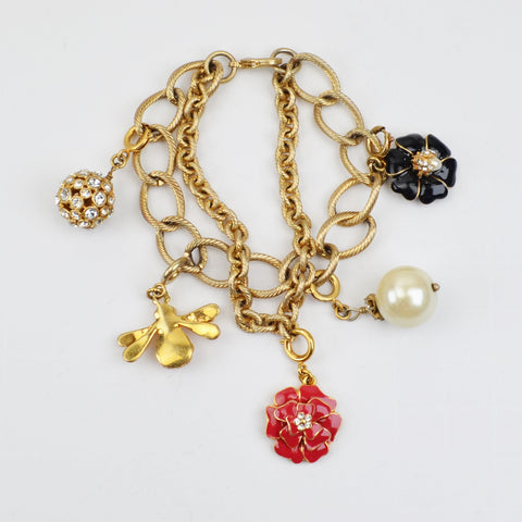 Stella & Dot Gold Tone Flower Charm Bracelet - Double Chain, Rhinestone, Pearl