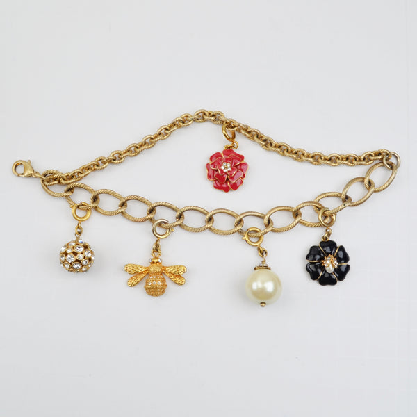 Stella & Dot Gold Tone Flower Charm Bracelet - Double Chain, Rhinestone, Pearl