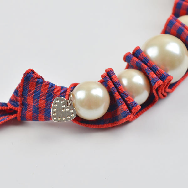 Stella & Dot Ribbon Pearl Necklace - Blue Red Checked Ribbon Tie, Faux Pearls