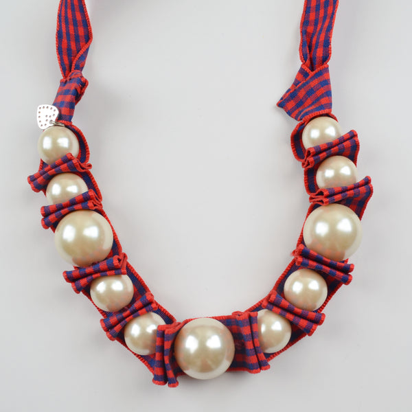 Stella & Dot Ribbon Pearl Necklace - Blue Red Checked Ribbon Tie, Faux Pearls