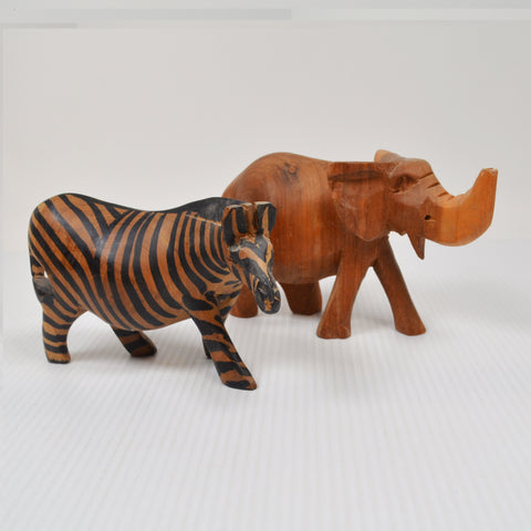 Wooden Zebra and Elephant Hand Carved, Kenya Africa Figurine Sculpture Safari