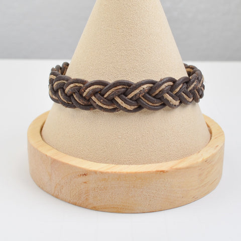 Braided Leather Bracelet - Mens Leather Cord Brown Cuff Wrap Wood Bead Closure