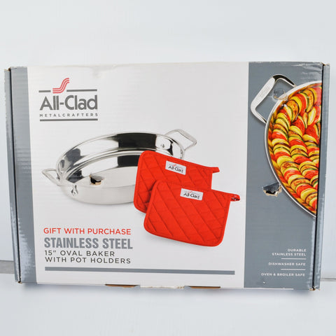 All Clad Stainless Steel 15" Oval Roaster Pan with 2 Pot Holders 8400001601 NEW
