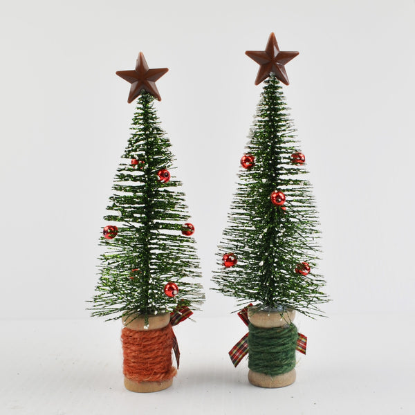 Christmas Village Bottle Brush Christmas Trees - 2 Decorated, 2 Natural, Green