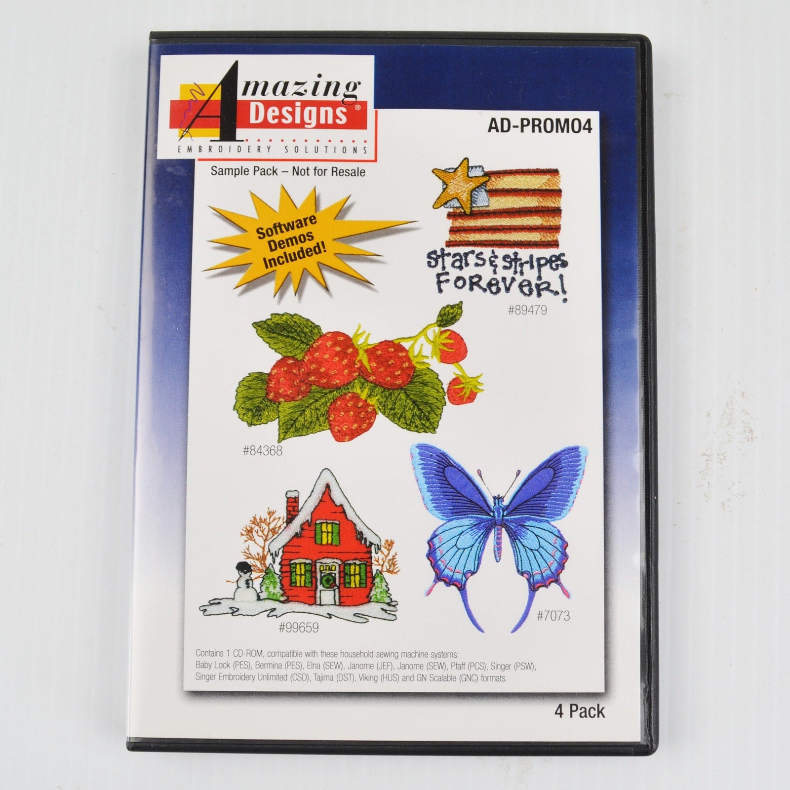Amazing Designs Machine Embroidery CD - Promo4 - Butterfly, Strawberries, Flag