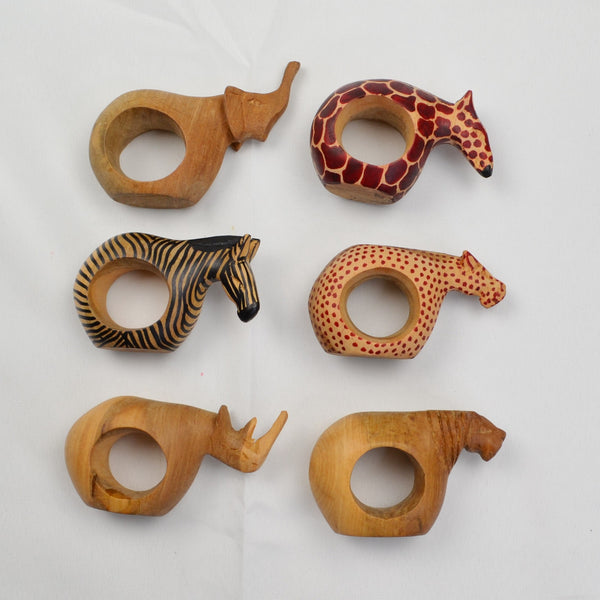 Wood Napkin Rings African Safari Animals Hand Carved, Set of 6, Vintage
