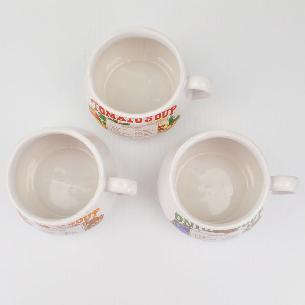 Retro Recipe Soup Mugs / Bowls Lot Of 3 Tomato, Onion, Chicken Soup With Handles