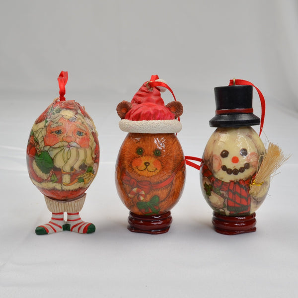 3 Vintage Santa Claus, Snowman, Teddy Bear Christmas Ornaments Paper Mache Eggs