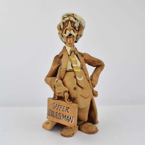 Studio Art Pottery Clay Old Man Salesman Sculpture Whimsical Handmade Signed