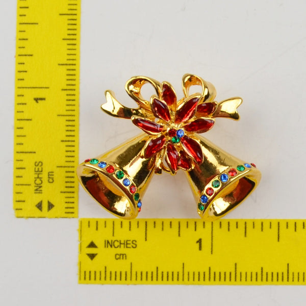 Christmas Bells Poinsettia Brooch Pin Rhinestones 1 3/8" Premier Designs  New