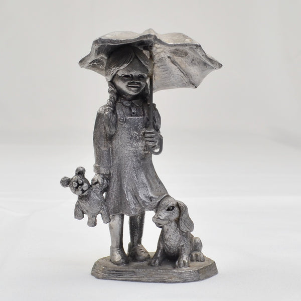 Pewter Girl with Umbrella & Dog Sculpture Figurine by Michael Ricker 1983 4.5"