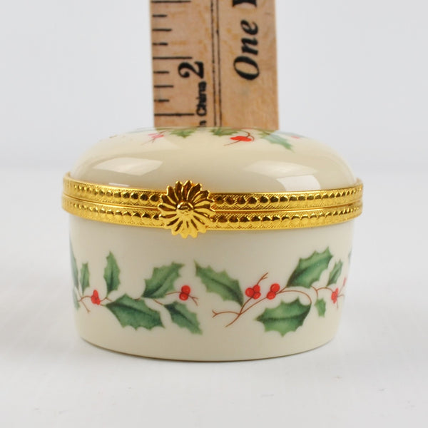 Lenox Porcelain Christmas Hinged Holly Berry Gold Trim Trinket Box 2" Diameter