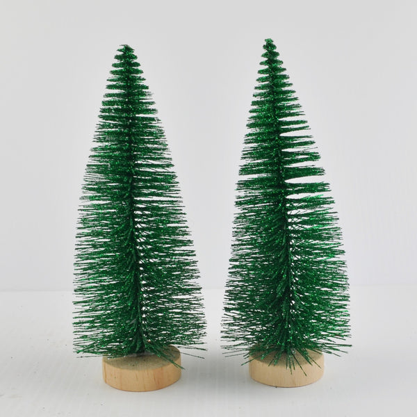 Christmas Village Bottle Brush Christmas Trees - 2 Decorated, 2 Natural, Green