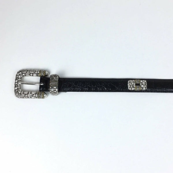 Womens Black Leather Belt - Basket Weave Silver Buckle, Conchos - Size Small