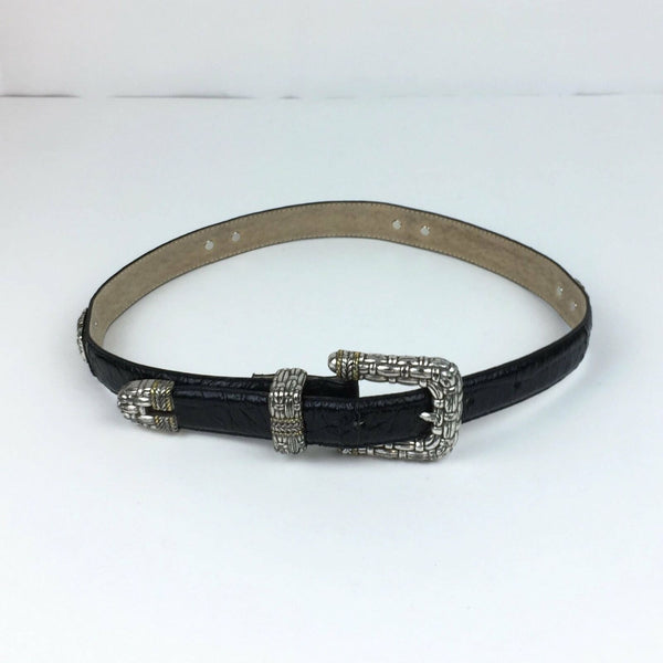 Womens Black Leather Belt - Basket Weave Silver Buckle, Conchos - Size Small