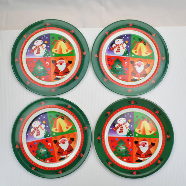 Melamine Christmas Dinnerware Plates Holiday, Snowman, Santa, Tree, Bell - 4 Set