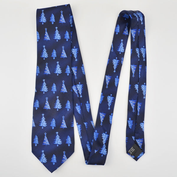 Holiday Mens Necktie Silk Christmas Tie - Blue Christmas Trees Christmas Party