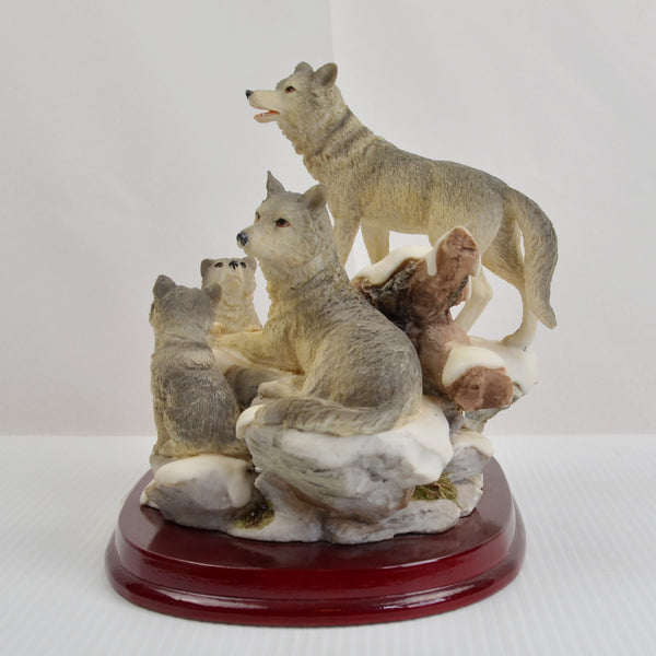 Winter Wolf Pack Family Figurine Large Woodland Scene Wolf Pups Wood Base