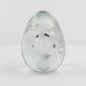 Vintage Clear Glass Egg Paperweight - Etched Cross, Grape Leaf - Egg Shaped
