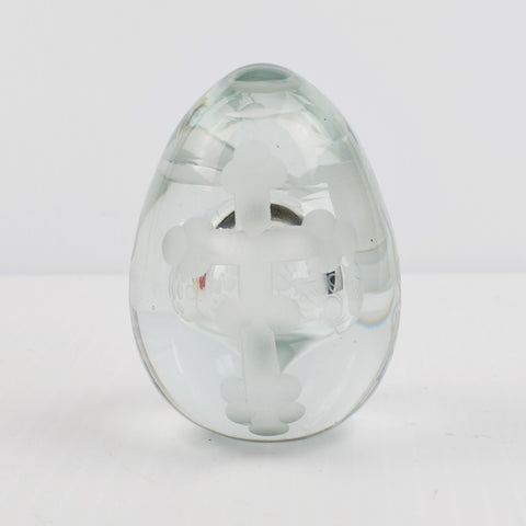 Vintage Clear Glass Egg Paperweight - Etched Cross, Grape Leaf - Egg Shaped