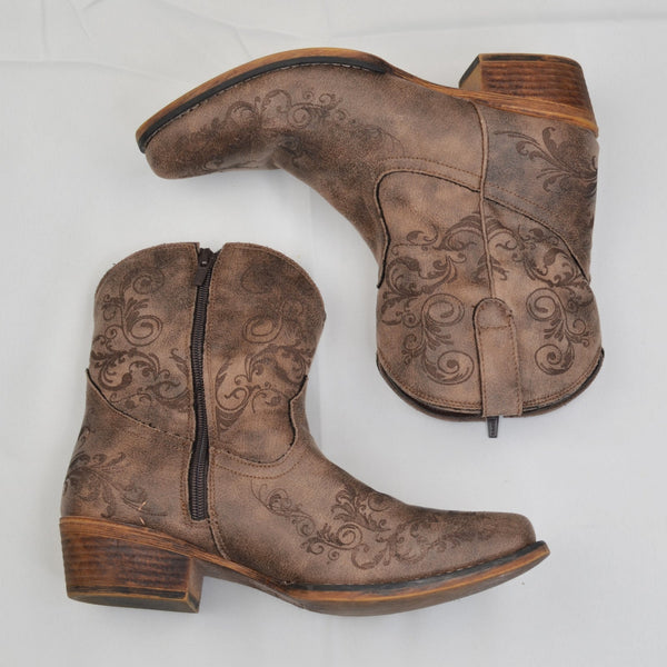 Roper Women's Brown Western Snip Toe Lazer Print Fashion Cowboy Booties Size 9