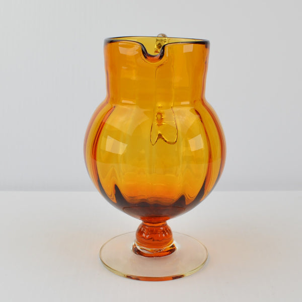 Vintage Hand Blown Art Glass Amber Pitcher Creamer Pedestal Vase Clear Handle 6”