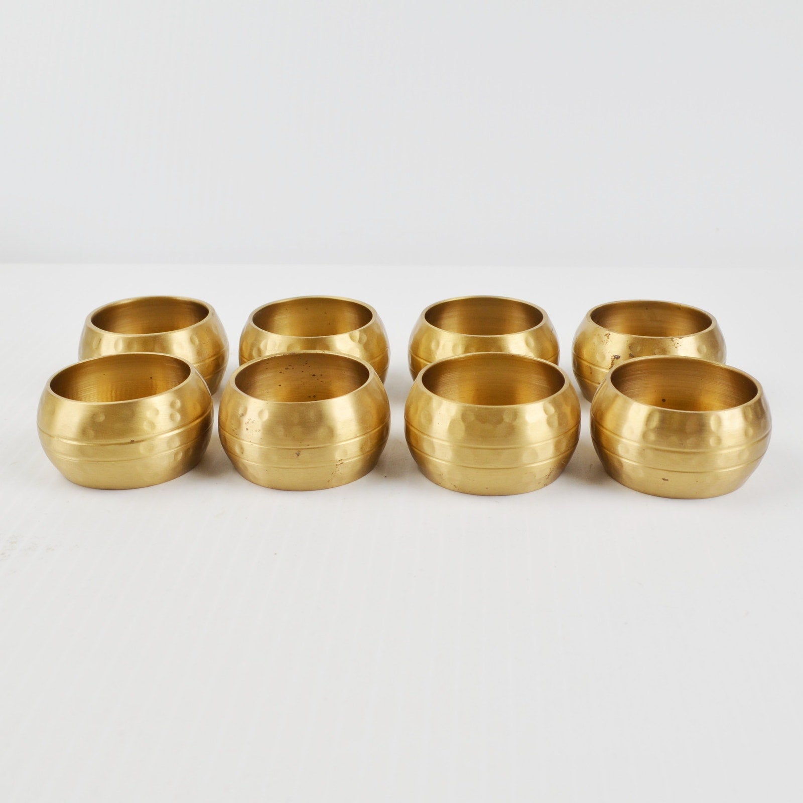 Brass Napkin Rings Hammered Vintage Patina Round Barrel Shape - Set of 8