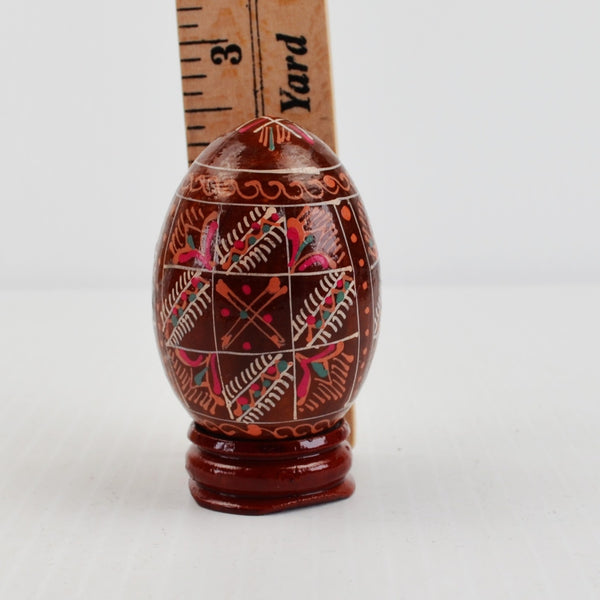 Hand Painted Wooden Egg with Stand Floral Geometric Design 2 1/2"
