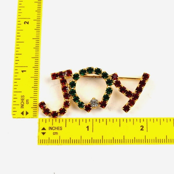 Vintage Christmas Brooch - JOY - Spell-out Rhinestones, Wreath - Gold Tone