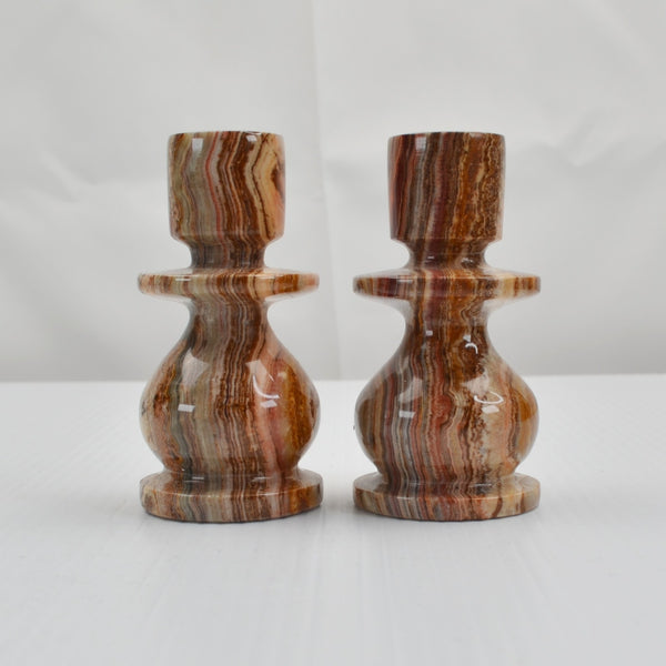 Set Of 2 Natural Alabaster Taper Candle Holders Candlesticks - 4" Marble Stone