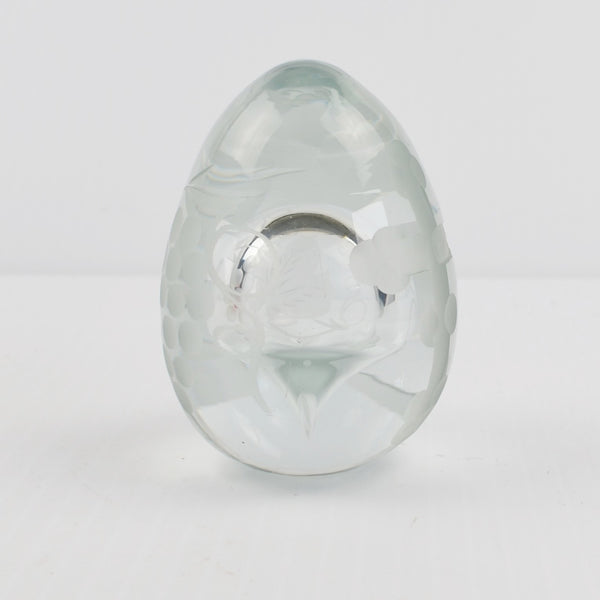 Vintage Clear Glass Egg Paperweight - Etched Cross, Grape Leaf - Egg Shaped