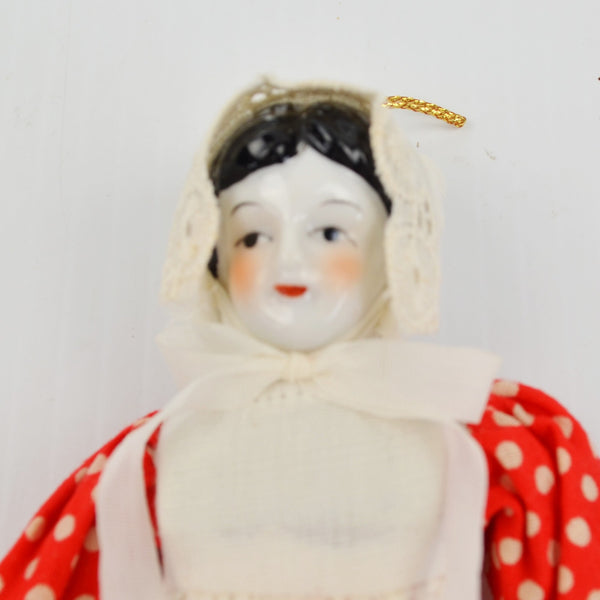 Vintage Shackman China Porcelain Head Doll Girl - Cloth Body Bisque Limbs 8” Red