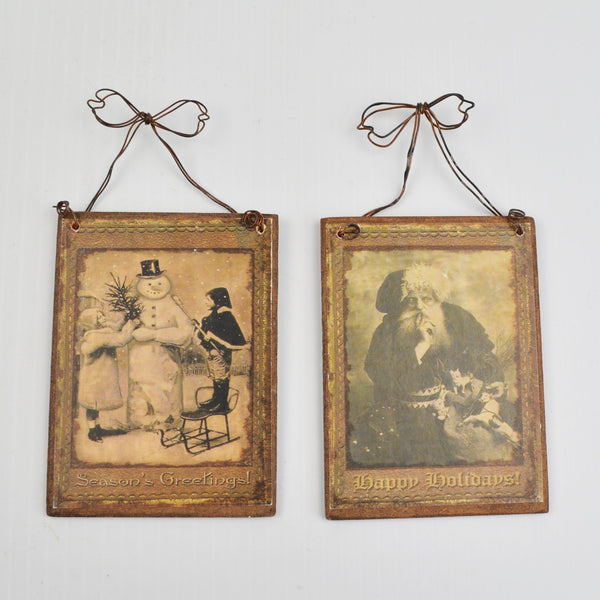 Set of 2 Vintage Postcard Christmas Ornaments - Wood / Metal 3"