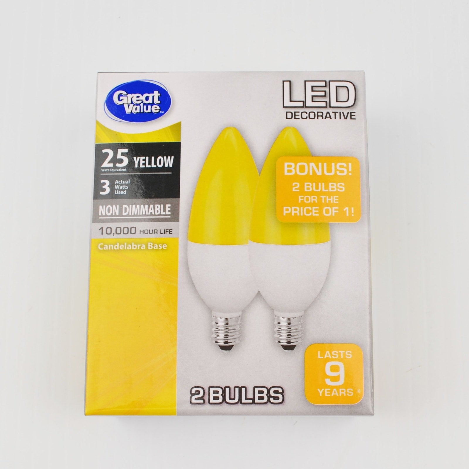 LED Yellow 2 Replacement Light Bulbs E12 Candelabra Base, Not Dimmable 9 Yr Life