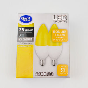 LED Yellow 2 Replacement Light Bulbs E12 Candelabra Base, Not Dimmable 9 Yr Life