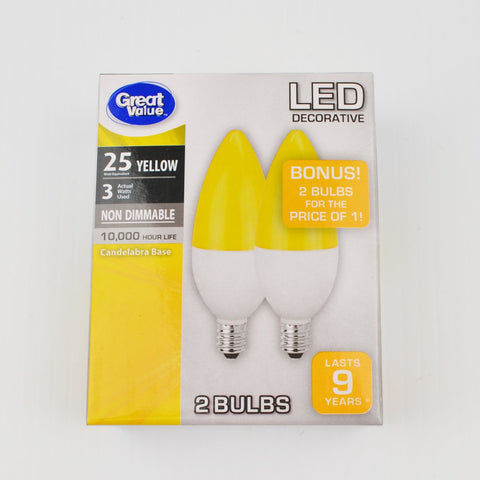 LED Yellow 2 Replacement Light Bulbs E12 Candelabra Base, Not Dimmable 9 Yr Life