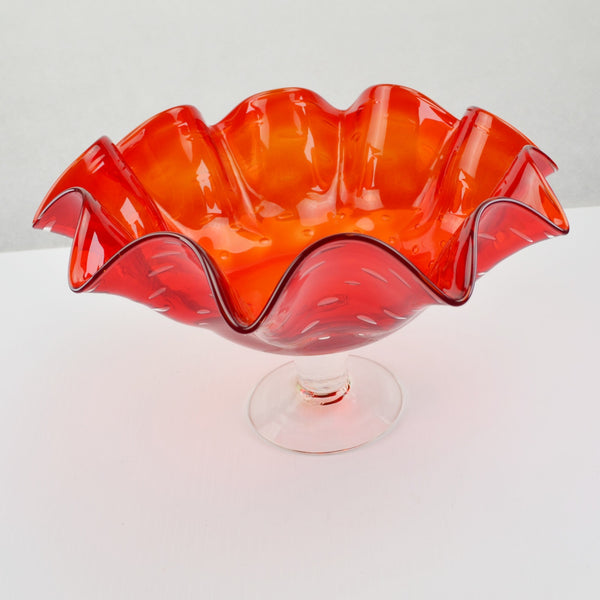 Vintage Red Controlled Bubble Glass Ruffled Pedestal Hand-Blown Fruit Bowl 11”