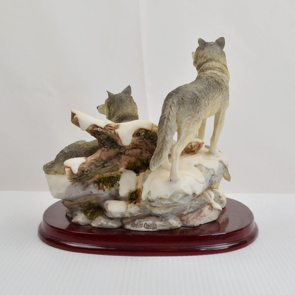 Winter Wolf Pack Family Figurine Large Woodland Scene Wolf Pups Wood Base