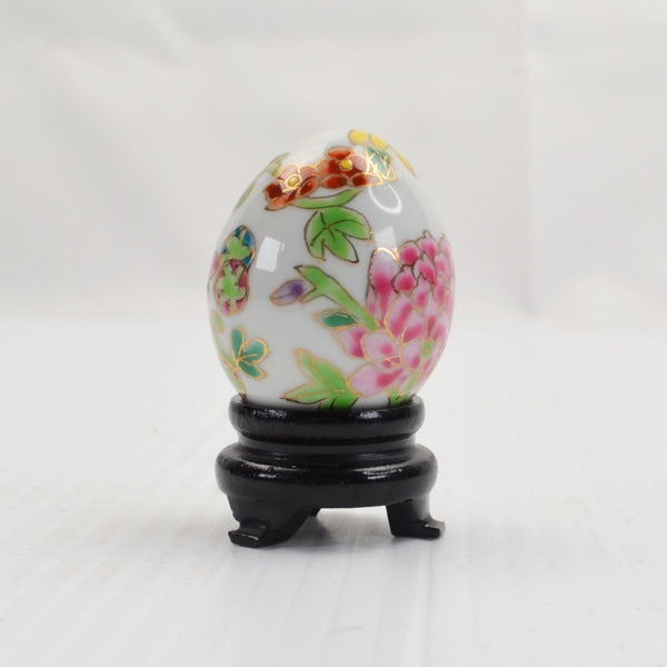 Vintage Hand Painted Porcelain Mini Egg Polished Floral Gold Trim Wood Stand 2"