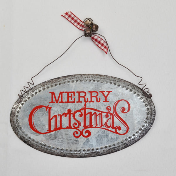 Galvanized Tin Metal Merry Christmas 7" x 4" Oval Plaque Ornament w/Ribbon Bells